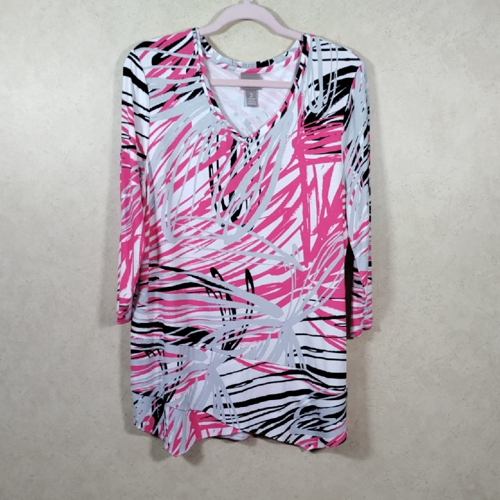 6100 Chico's pink, gray, and black knit 3/4 sleeve tunic blouse 2 L NEW